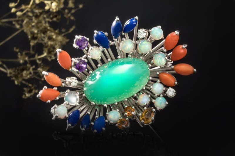 Chrysopras Brosche mit Koralle Lapislazuli Opal Edelsteinen Weißgold 750 