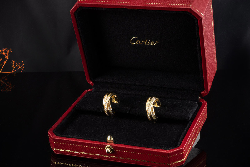 Cartier Trinity Ohrringe mit Diamanten Vollbesatz in 750er Gelbgold OVP 