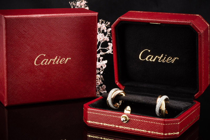 Cartier Trinity Ohrringe mit 71 Diamanten in 750er Gold Tricolor OVP 