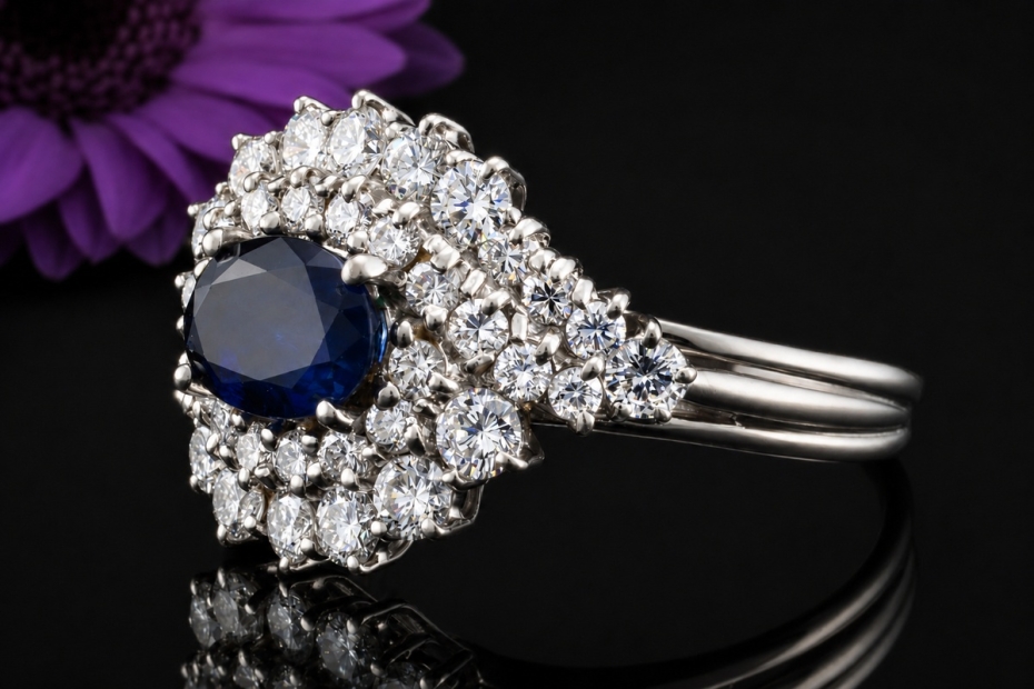 Ring Klassische Weißgold Arbeit mit Saphir im Ovalschliff und Diamanten 