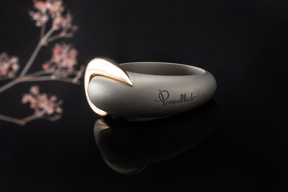 Pomellato Ring Titanio Graue Titan Arbeit Schwung in 750er Gold Größe 53 