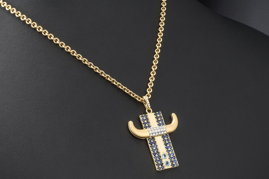 Jazychic Stier Sternzeichen Anhänger Blaue Saphire Diamanten in Gelbgold 