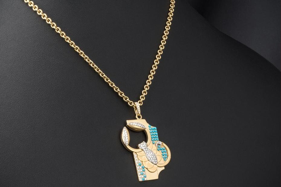 Jazychic Skorpion Sternzeichen Anhänger Türkis und Diamanten in Gelbgold 