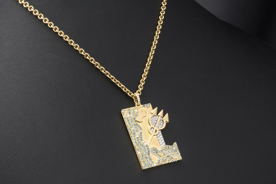 Jazychic Wassermann Sternzeichen Anhänger Aquamarine Diamanten Gelbgold 