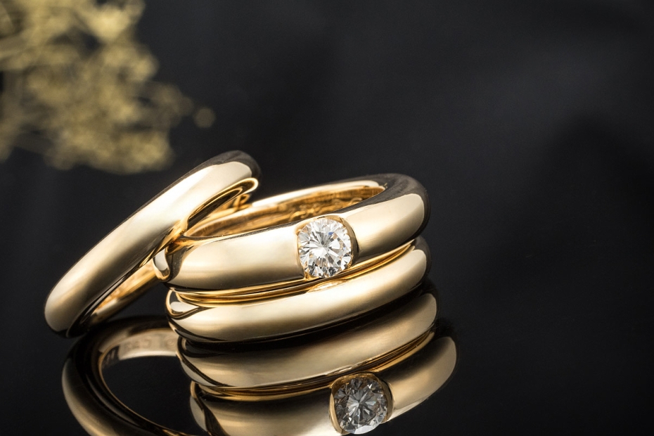 Cartier Ellipse 3 Ringe Solitär Diamant Bandring gestapelt Gelbgold 750 