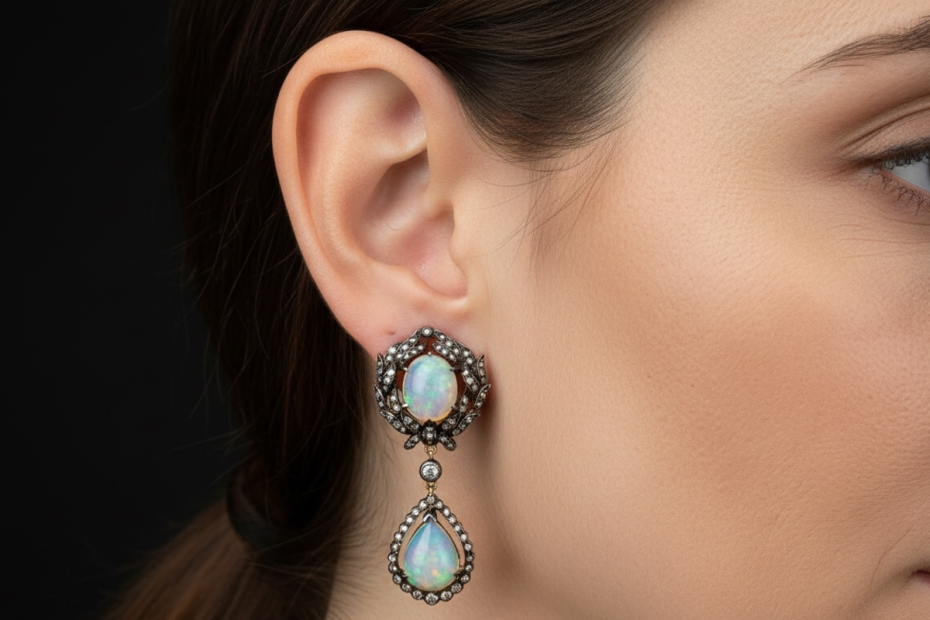 Antike Opal Ohrringe Ohrstecker Ohrhänger mit Diamanten Silber Gelbgold 