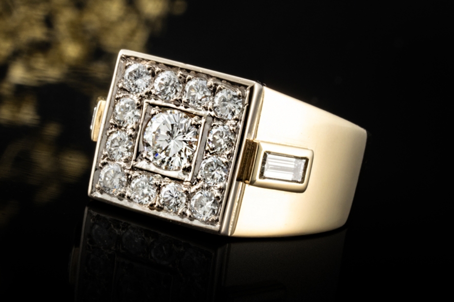 Siegelring Massiver Ring mit Diamanten Goldschmiedearbeit 750er Gelbgold 