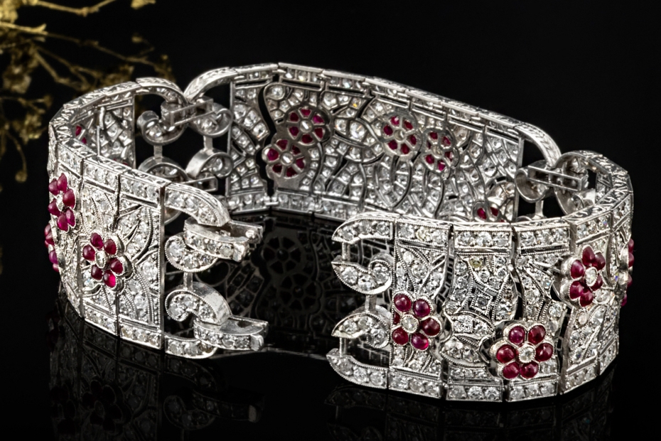 Antikes breites Armband mit Rubin Blumen und Diamanten in 950er Platin 
