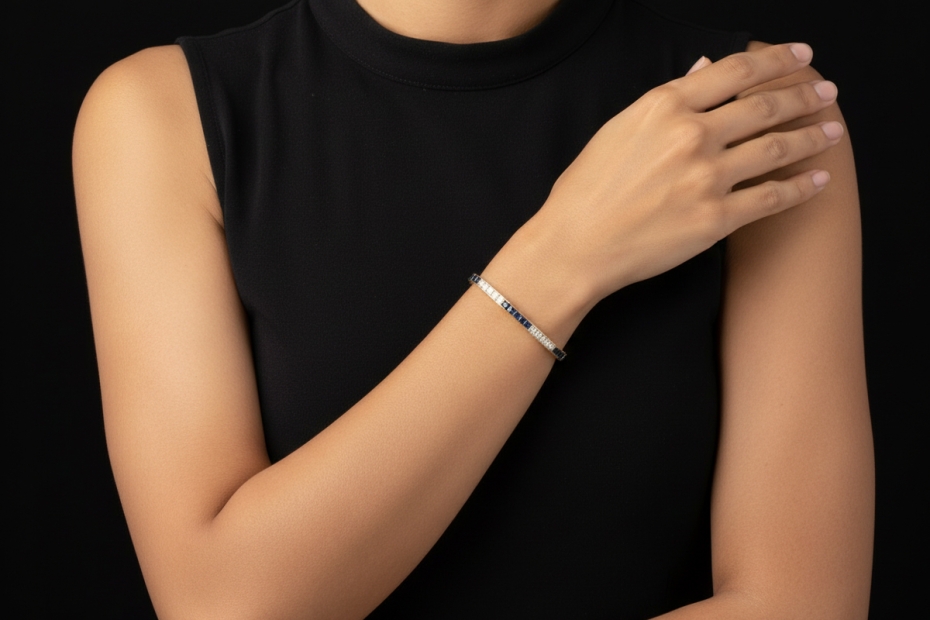 Armband Saphire und Diamanten eckig Tennisarmband Blau Weiß Gelbgold 750 