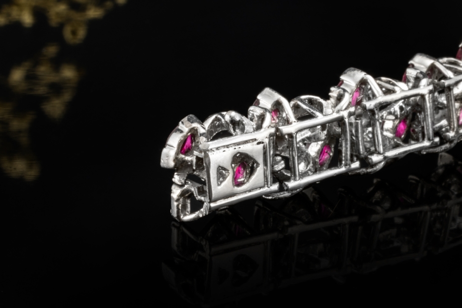 Vintage Armband Marquise Rubine und Altschliff Diamanten in Weißgold 750 