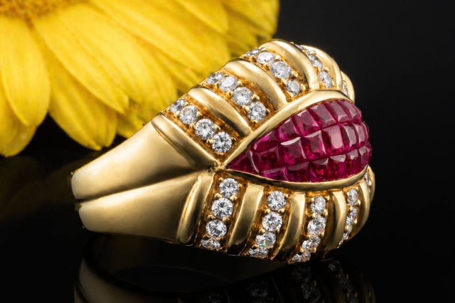 Ring mit Carré Rubinen und Diamanten im Vintage Design Gelbgold 750 