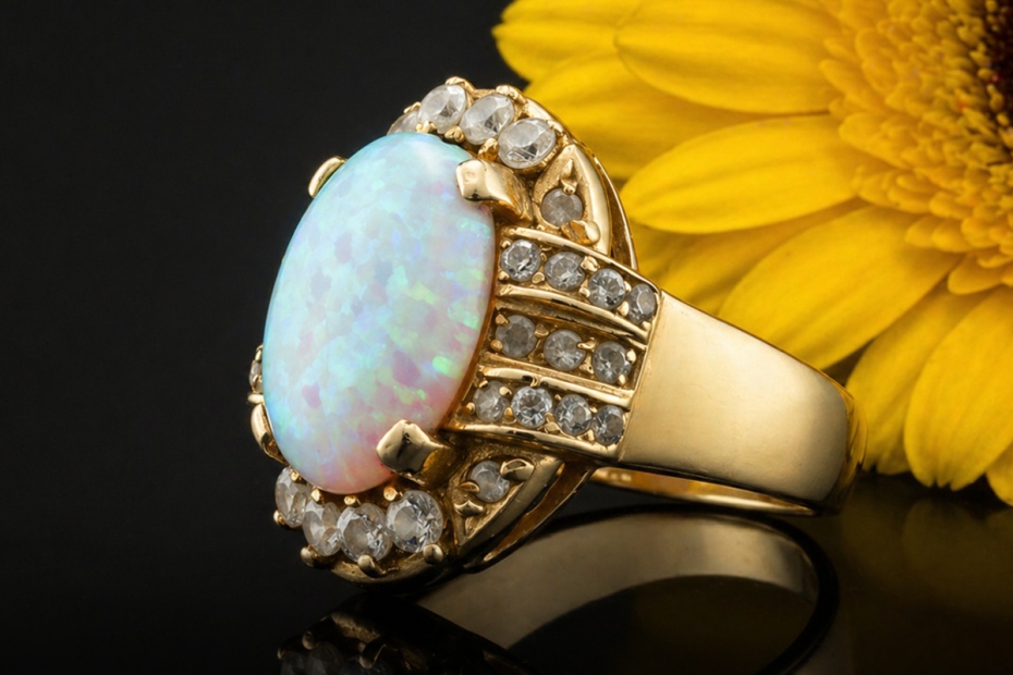 Vintage Opal Ring Oval mit Diamanten gefertigt in 585er Gelbgold 