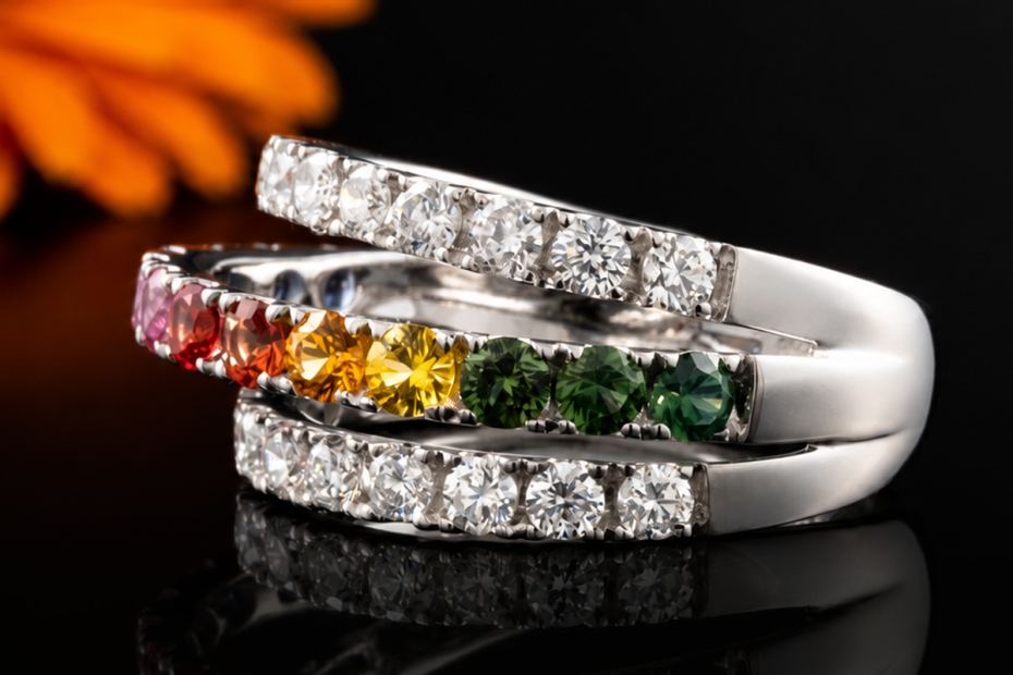 Regenbogen Ring Offenes Design Bunte Saphire und Diamanten Weißgold 750 