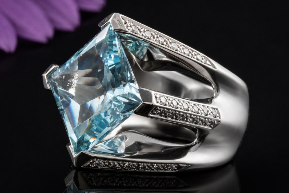 Großer Ring mit Princess Aquamarin und Diamanten in Weißgold Handarbeit 