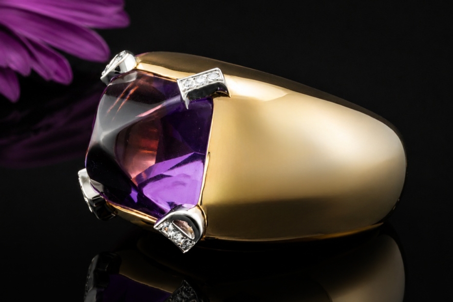 Dior Cocktailring mit Amethyst und Diamanten Massiv in 750er Gelbgold 