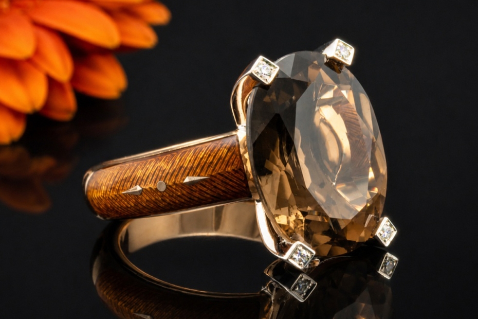 Victor Mayer Ring Cocktailring Rauchquarz und Diamanten in Gelbgold 750 
