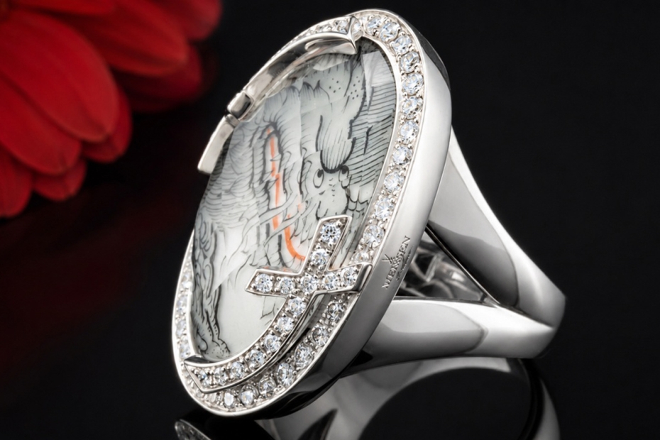Meissen Ring Mystery Ming Drache Bemaltes Porzellan Weißgold Handarbeit 