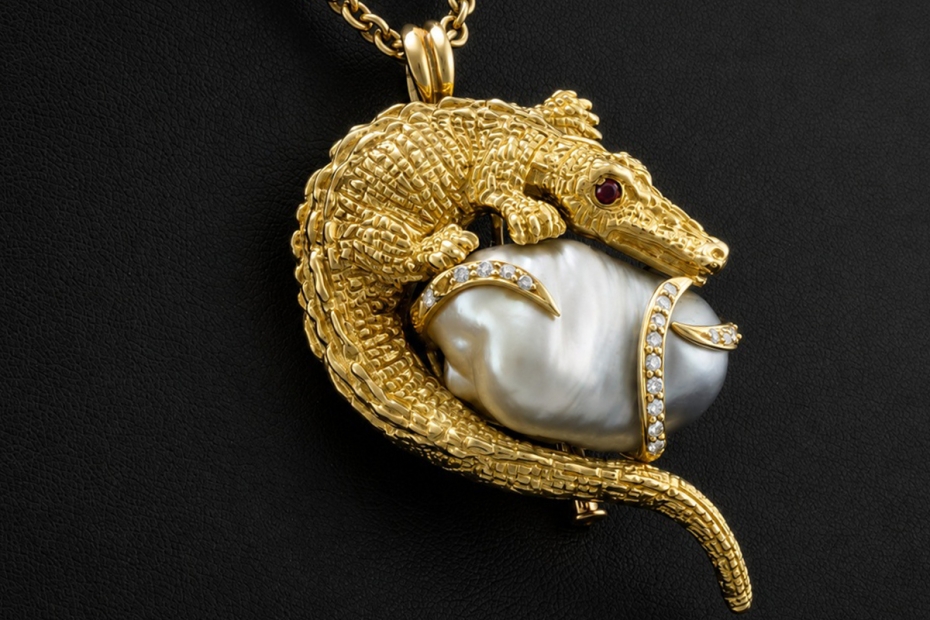 Anhänger Brosche Krokodil Barockperle und Diamanten Gelbgold Handarbeit 