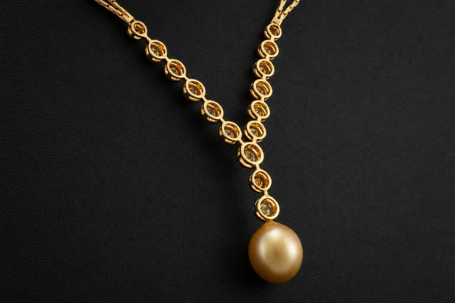Y-Collier Goldene Südsee Perle und Diamanten Handarbeit in Gelbgold 750 