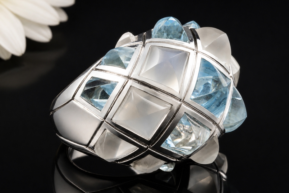 Stephen Webster London Cocktailring Mondstein Blautopas in Weißgold 750 