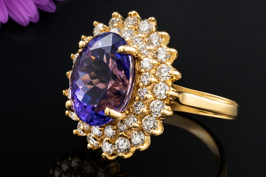Entouragering Amethyst Cocktailring mit Diamanten in Gelbgold Handarbeit 