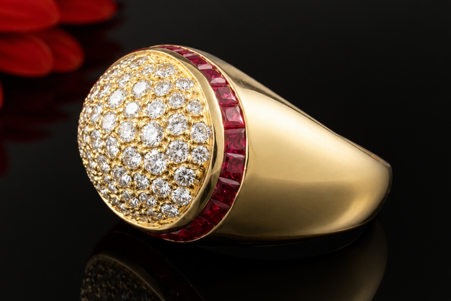 Ovaler Pavé Diamant Ring mit Rubinbesatz Gelbgold 750 Goldschmiedearbeit 