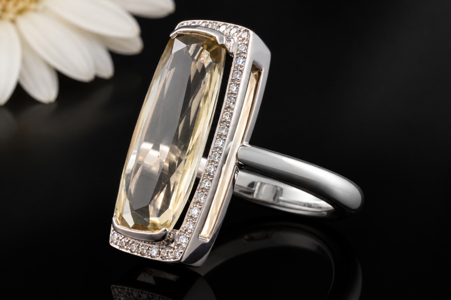 Ring Langer facettierter Citrin mit Diamanten in Weißgold 750 Handarbeit 