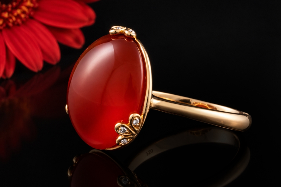 Großer runder Karneol Ring Rot mit Diamanten in Gelbgold 750 Handarbeit 