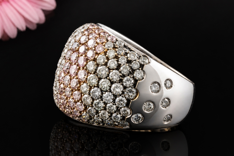 Massiver Designer Ring mit farbigem Diamant-Pavé in Weißgold 750 Arbeit 