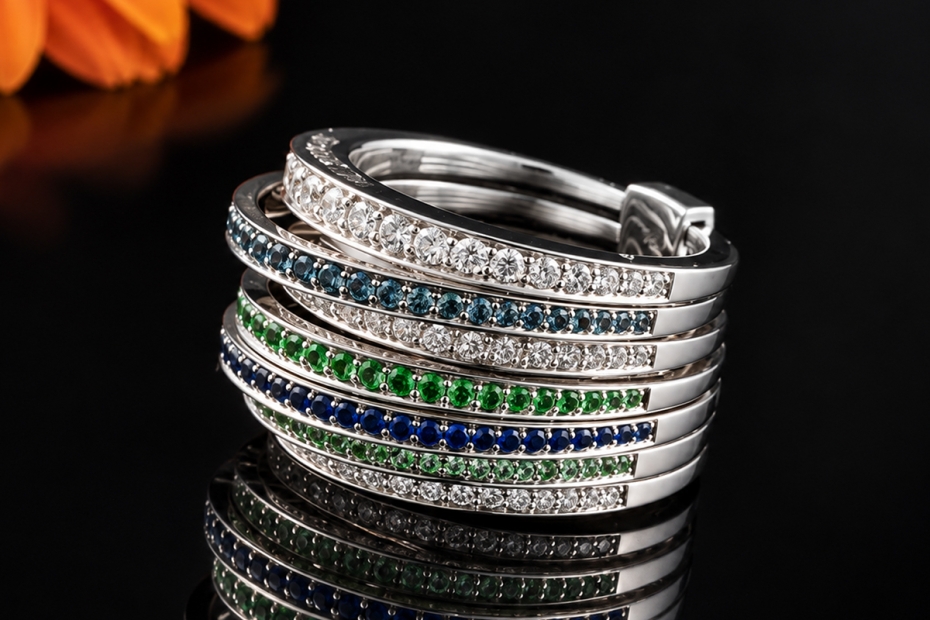noor beweglicher Stapelring Diamanten Saphire Tsavorite in 750 Weißgold 