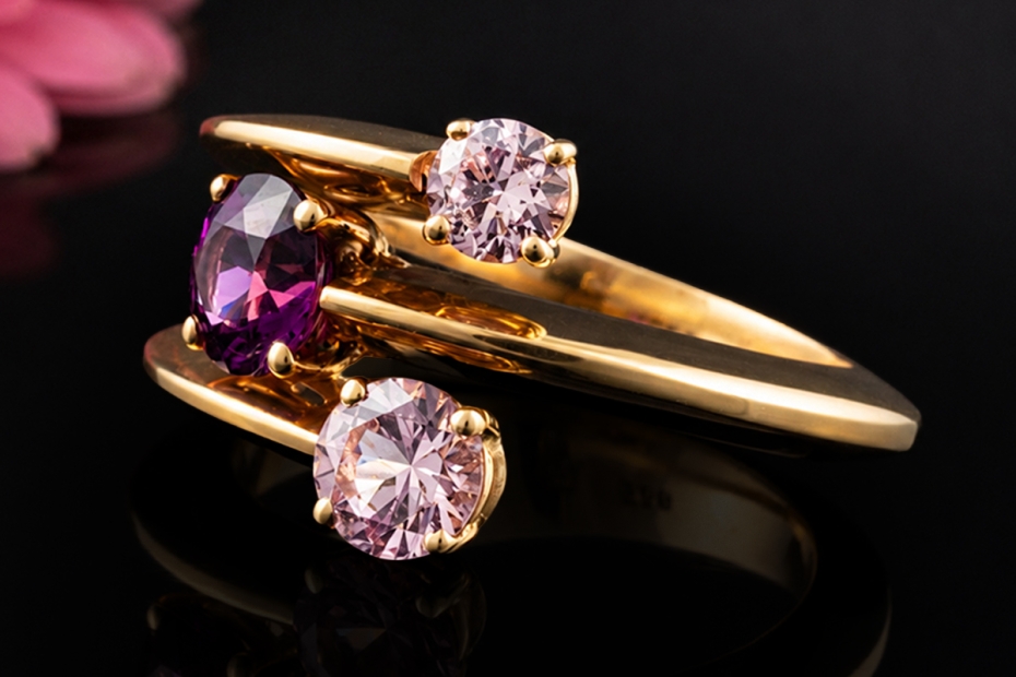 Designer Ring mit 3 violett und rosafarbenen Granaten in 750er Gelbgold 