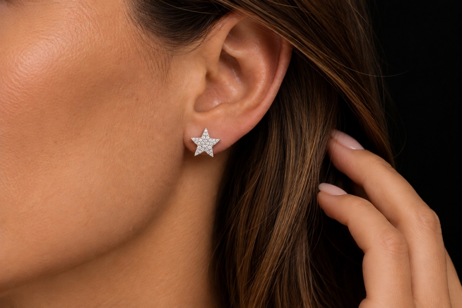 Hollfelder Ohrringe Stern Ohrstecker mit Diamant-Pavé in 750er Weißgold 