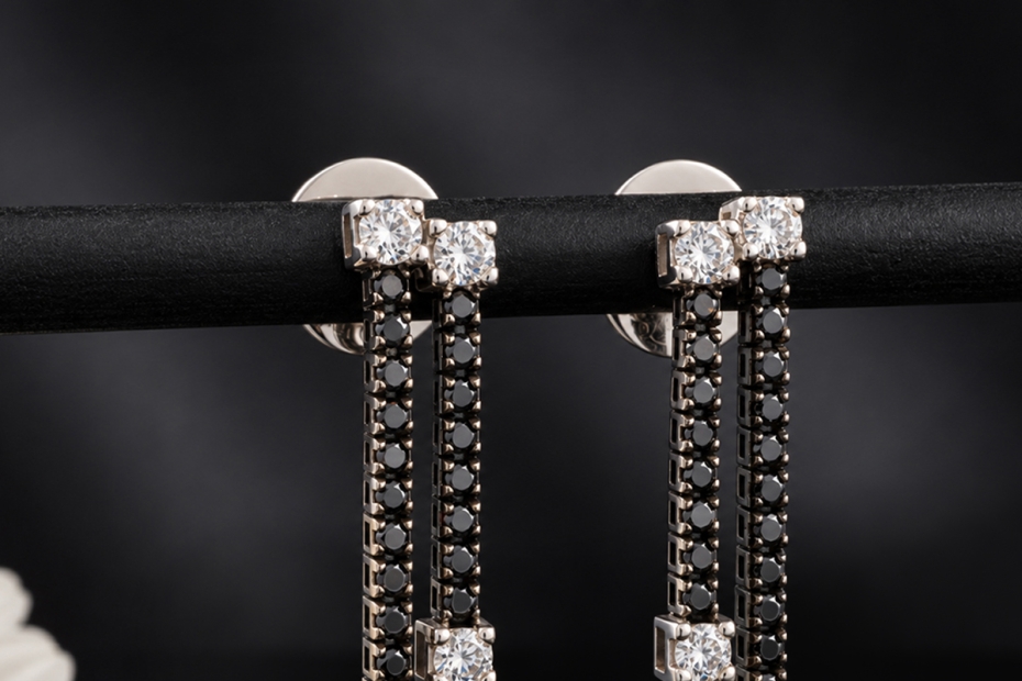 Black & White Lange Ohrringe mit Diamanten Schwarz Weiß in Weißgold 750 