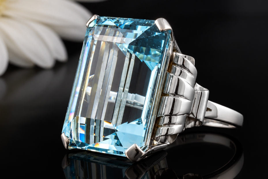 Großer Cocktailring 30 Carat Aquamarin im Emerald Cut in 558er Weißgold 