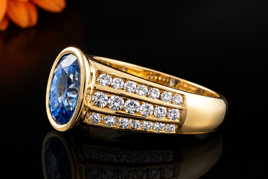 Ovaler Saphir Ring mit Diamanten in 750er Gelbgold Goldschmiedearbeit 