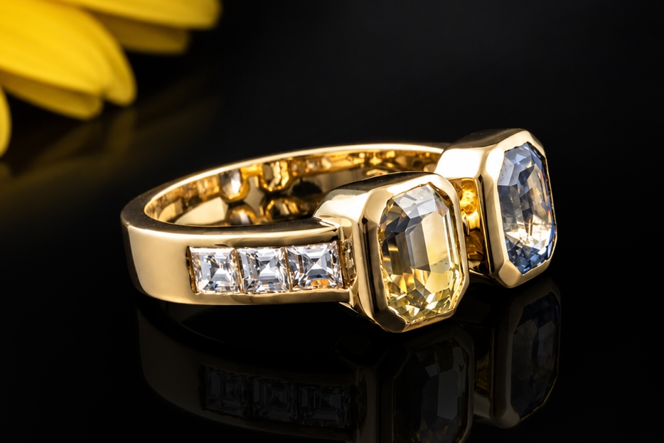Toi et Moi Ring 2 Saphire Blau und Gelb mit Diamanten in 750er Gelbgold 