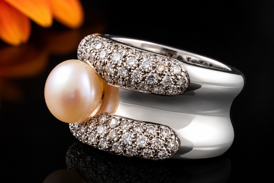 Exklusiver Weißgold Cocktailring Champagnerfarbene Perle und Diamanten 