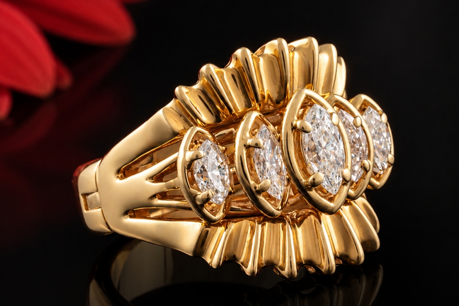 Vintage Ring 5 Navette-Diamanten & Finger-Mate-Mechanismus in 585er Gold 