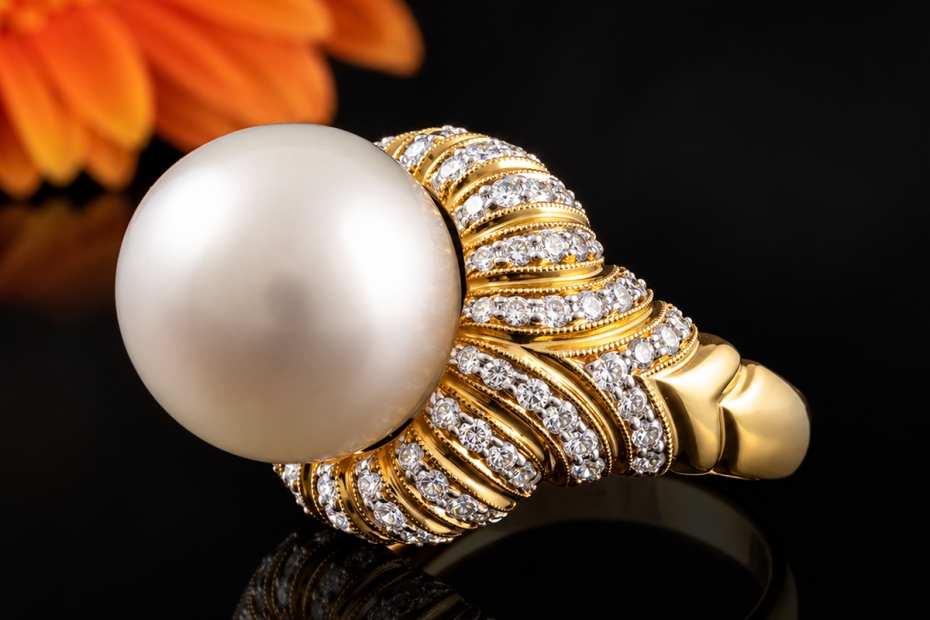 Prachtvoller Cocktailring mit Südseeperle und Diamanten in Gelbgold 750 