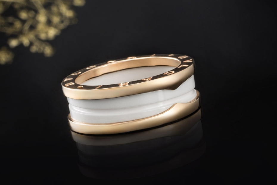 BVLGARI B.zero1 2-Band Ring Weiße Keramik und 750er Roségold Größe 61 