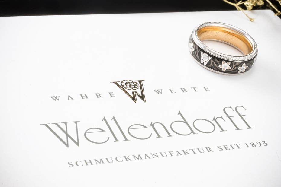 Wellendorff Ring Drehring Blütenengel Schwarz mit Diamanten Weißgold 750 