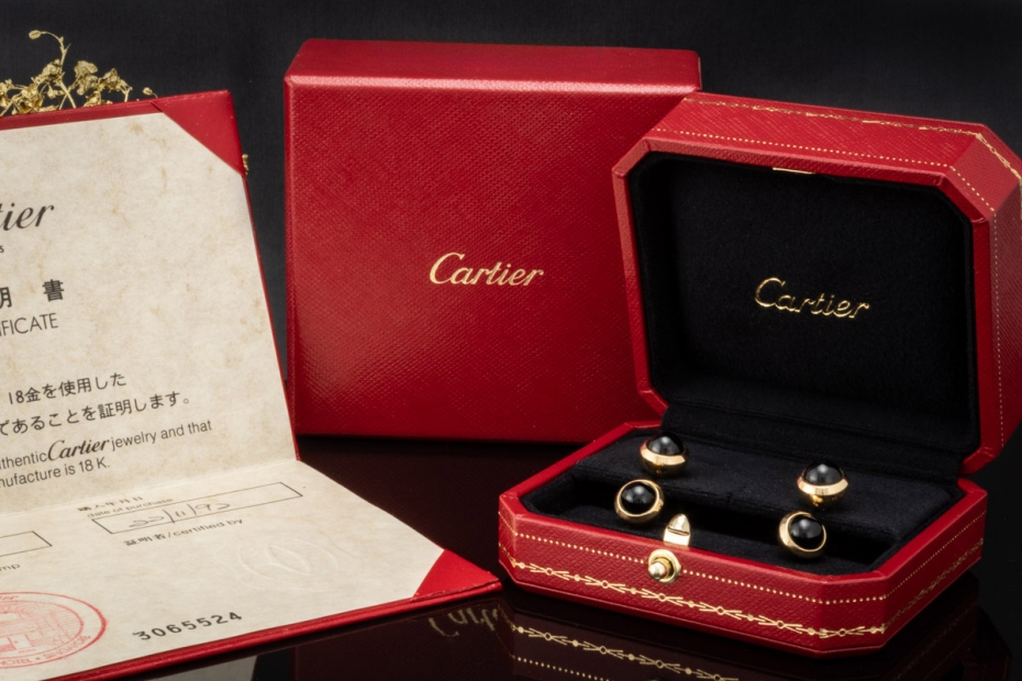 Cartier Manschettenknöpfe mit Onyx Kugeln Schwarz Gelbgold 750 Full Set 