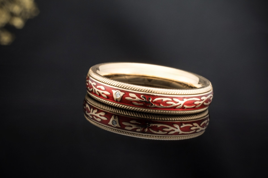 Wellendorff Ring Chili Rot Drehring mit Diamant in 750er Gelbgold Gr. 61 