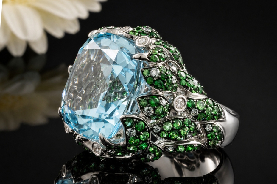 Cocktailring Blätterkranz Blauer Topas Tsavorit Diamanten 750er Weißgold 
