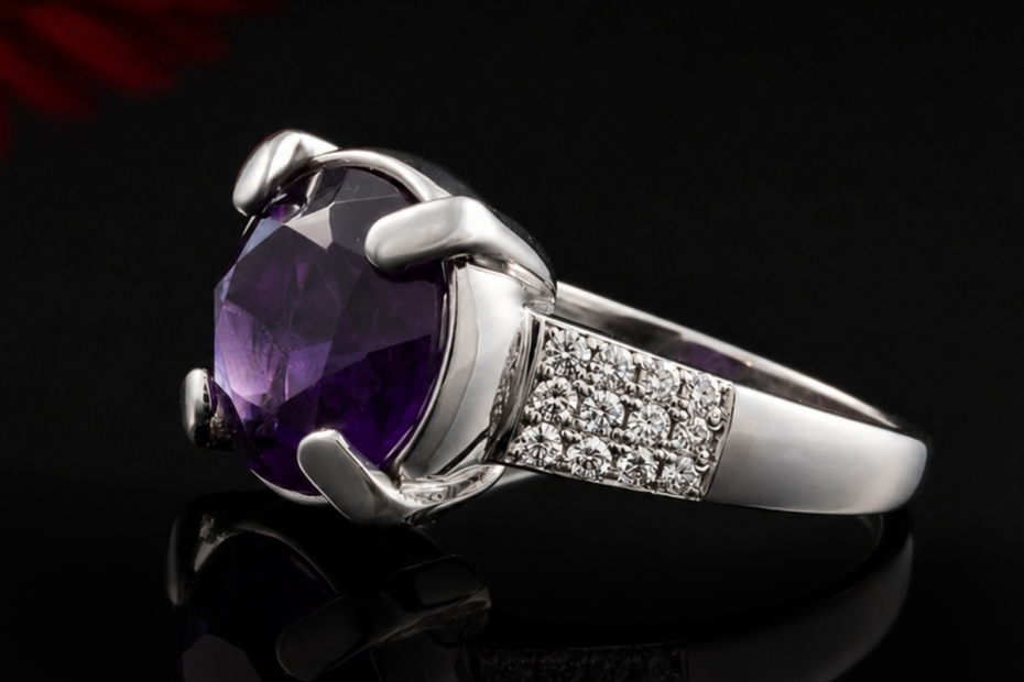 Hollfelder Ring mit facettiertem Amethyst und Diamanten in Weißgold 750 