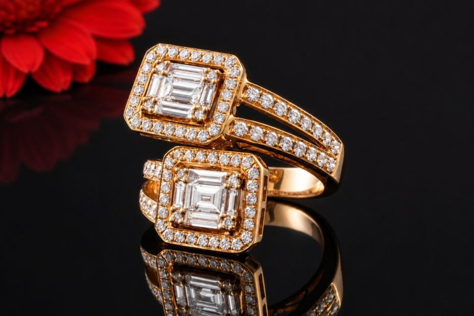 Double Baguette Ring eckig mit Diamanten und Brillanten in Roségold 750 