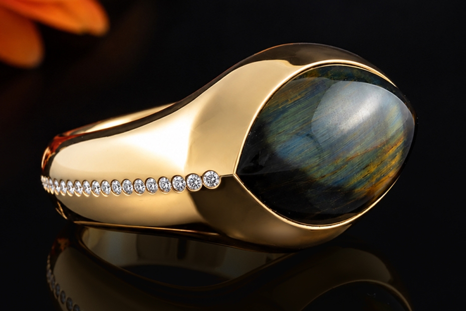 Vhernier Ring mit Falkenauge & Diamanten Massive Arbeit in Roségold 750 