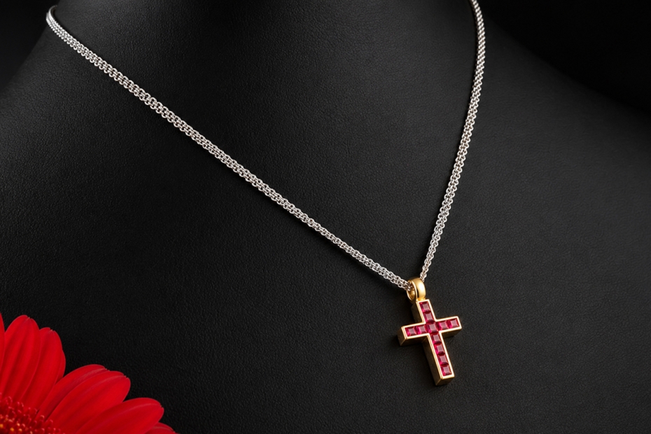 Hans Dieter Krieger Wende-Kreuz Collier Rubine & Diamanten in 750er Gold 