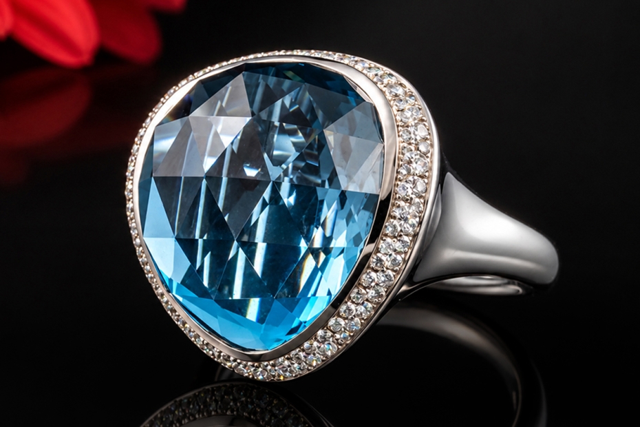 Hollfelder Exklusiver Blautopas Ring mit 104 Brillanten in Weißgold 750 