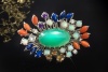 Chrysopras Brosche mit Koralle Lapislazuli Opal Edelsteinen Weißgold 750 